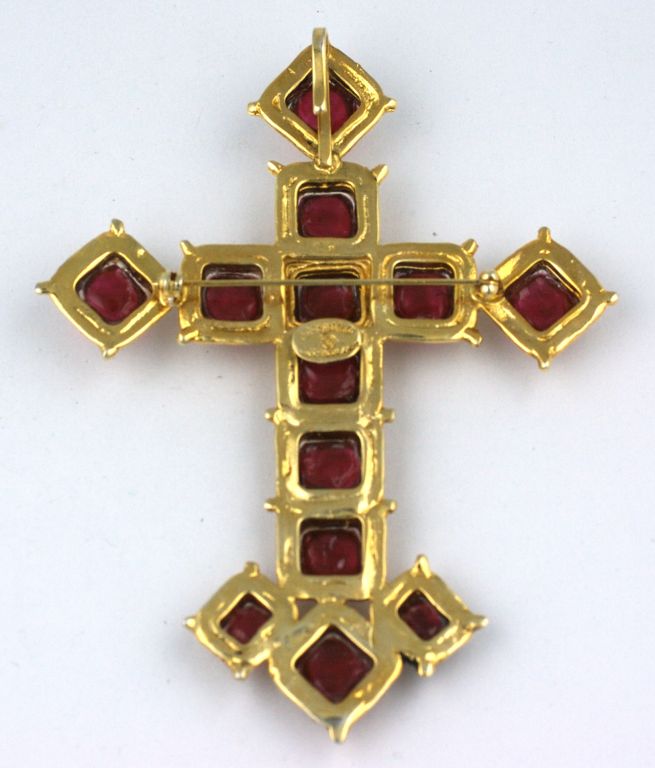 Exceptional ruby pate de verre glass  Renaissance cross brooch/pendant by Karl Lagerfeld for Chanel. Composed of square ruby poured glass jelly stones. Large in scale and can be hooked onto a simple gold chain or pearls to become a necklace.