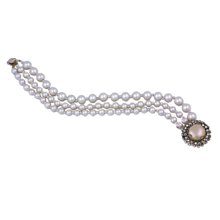 Miriam Haskell  Three Strand Pearl Bracelet For Sale