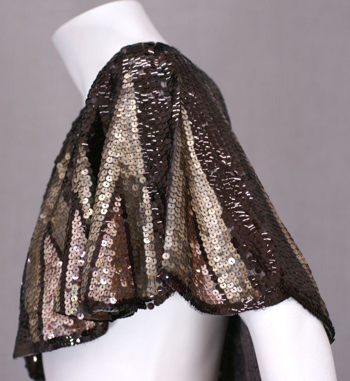 Deco motif chevrons adorn this 1930s sequinned capelet. Tones of brown and taupe are worked into the inverted 