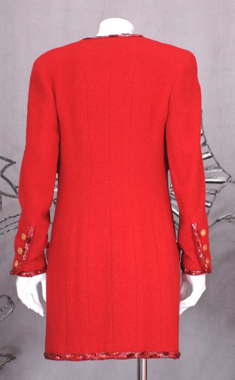 Red Chanel Boucle Tweed Elongated Jacket with Beaded Trim For Sale
