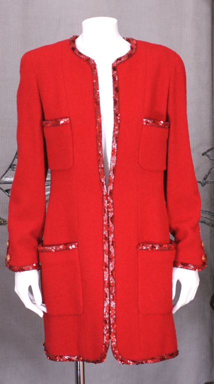 Chanel Boucle Tweed Elongated Jacket with Beaded Trim For Sale 1