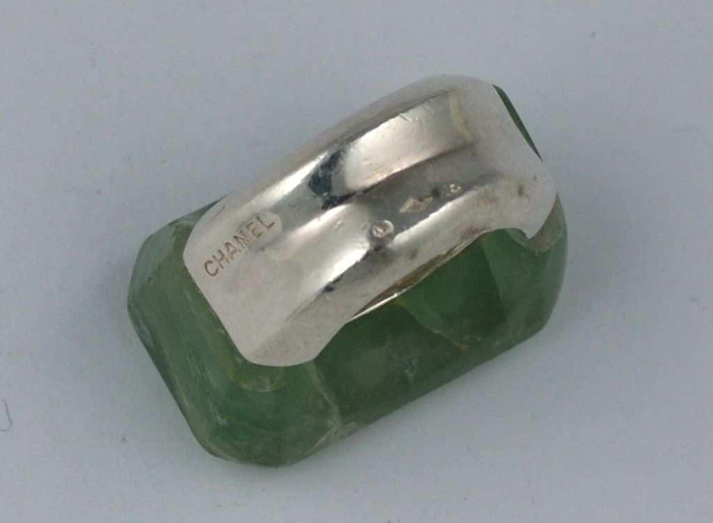 Rare and unusual ring made for Chanel Haute Couture runway presentation in the early 1990s. A massive emerald cut fluorite is mounted into a large sterling shank very reminiscent of the work of jeweler Tina Chow.<br />
 Made for Karl Lagerfeld by