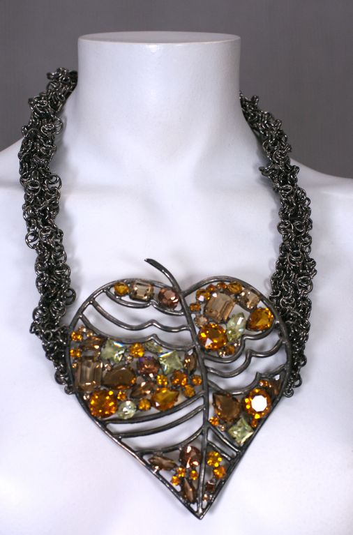 Striking Rochas runway necklace from the 1980s. Twisted ropes in gunmetal finish really make the multihued topaz and citrine stones really pop on the leaf form pendant.<br />
Large scale runway piece.<br />
22" Length, Leaf 5" x