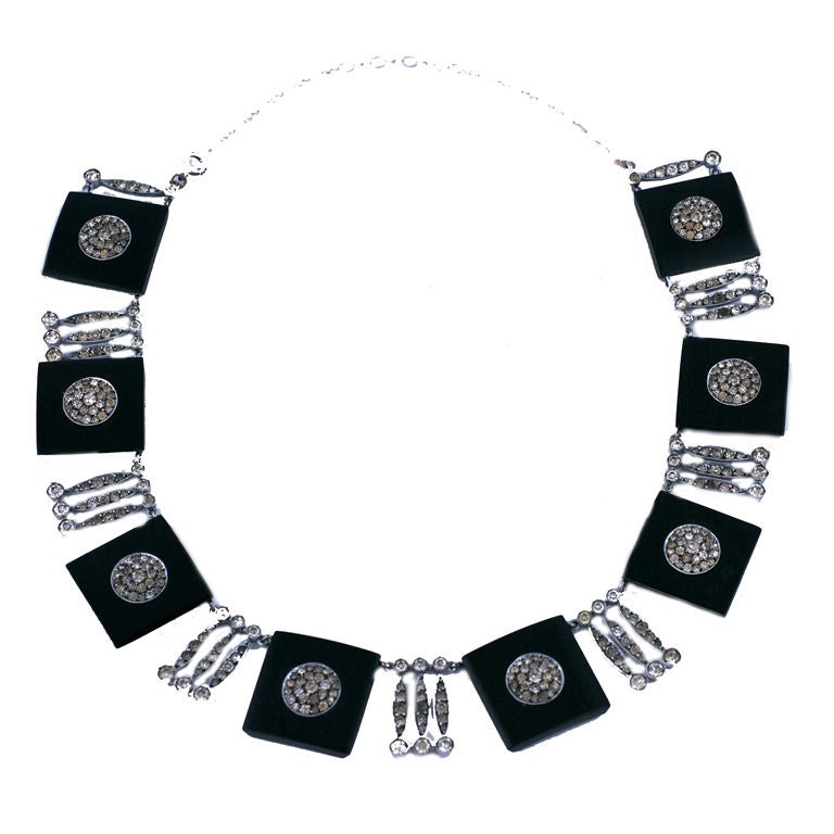Collana Art Déco in sterlina, bachelite e pasta di legno