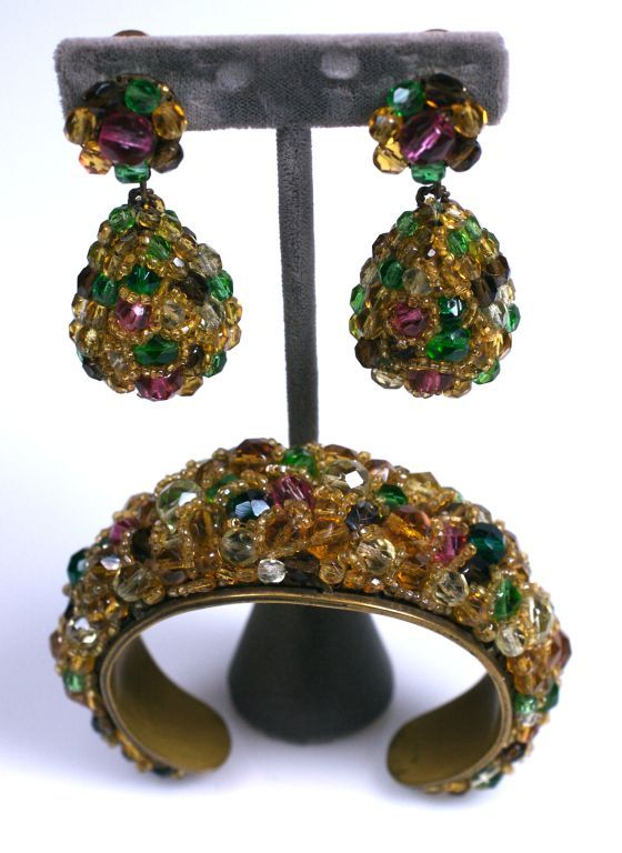 Important Coppola e Toppo ornate crystal wired cuff and pendant earrings in multicolors on a smoky citrine base. Handmade in Italy, 1950's.
Excellent condition.