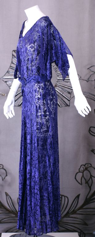 Deep Purple Floral Cut Velvet 1930s Evening Dress