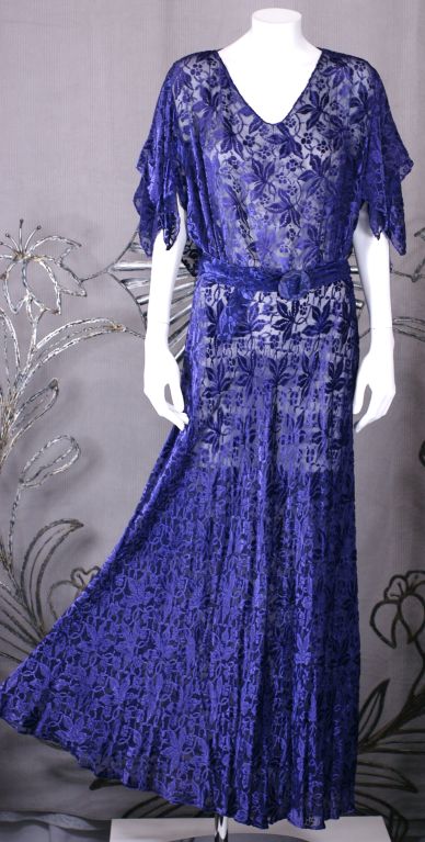 Deep Purple Floral Cut Velvet 1930s Evening Dress 1