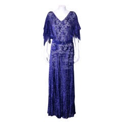 Antique Deep Purple Floral Cut Velvet 1930s Evening Dress