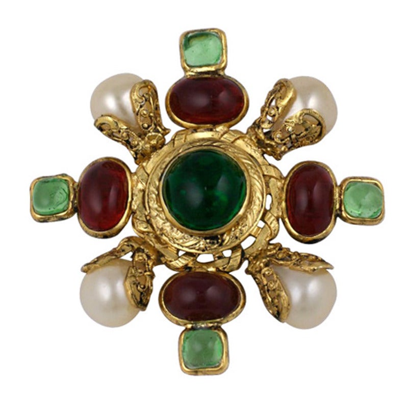 Chanel Ruby and Pale Emerald Poured Glass Brooch
