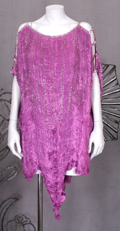 Purple Patricia Lester Fuschia Pleated and Bugle Beaded  Silk Gown For Sale