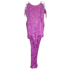 Used Patricia Lester Fuschia Pleated and Bugle Beaded  Silk Gown