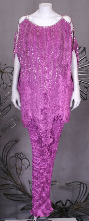 Patricia Lester Fuschia Pleated and Bugle Beaded  Silk Gown In Excellent Condition For Sale In New York, NY