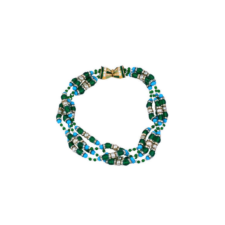 K.J.L. Turquoise Emerald and Pearl Necklace
