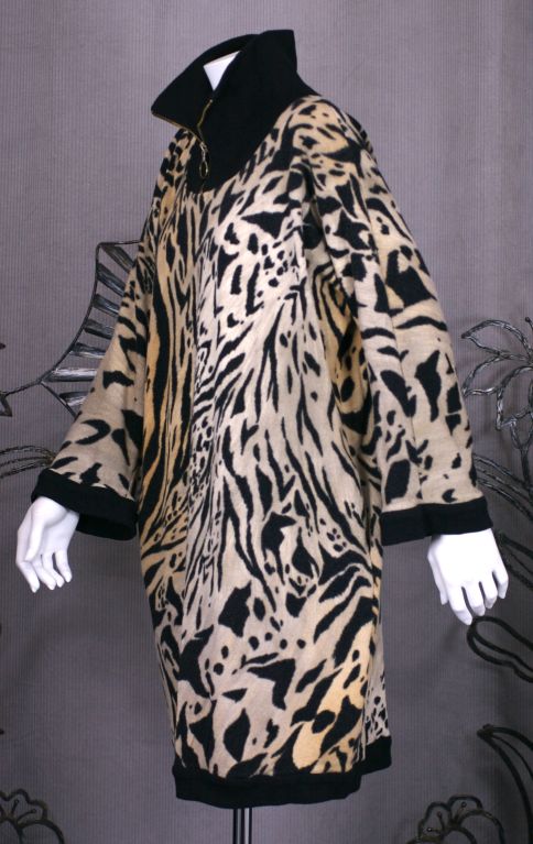 Leonard soft wool jersey tiger print tunic dress with black rib detail on neck and cuffs. Great with leggings as well.<br />
Excellent condition.