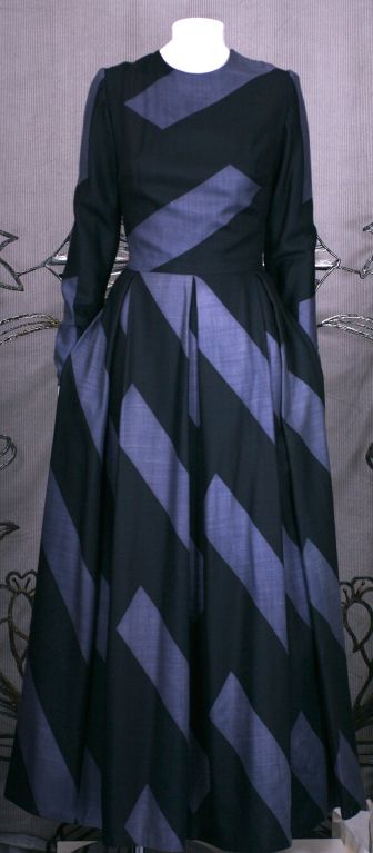 Black Silk Cashmere Wool Graphic Stripe Evening Dress For Sale