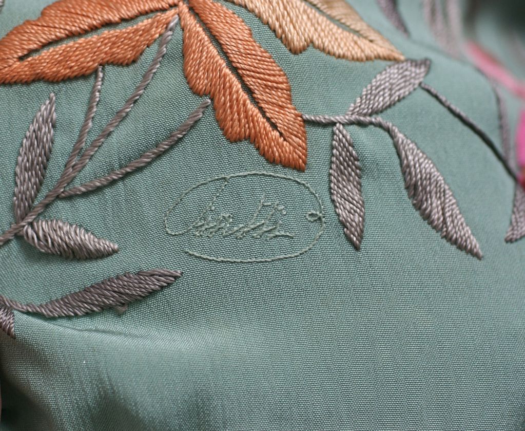 Extraordinary Embroidered Celadon Silk Piano Shawl 1920s In Excellent Condition In New York, NY