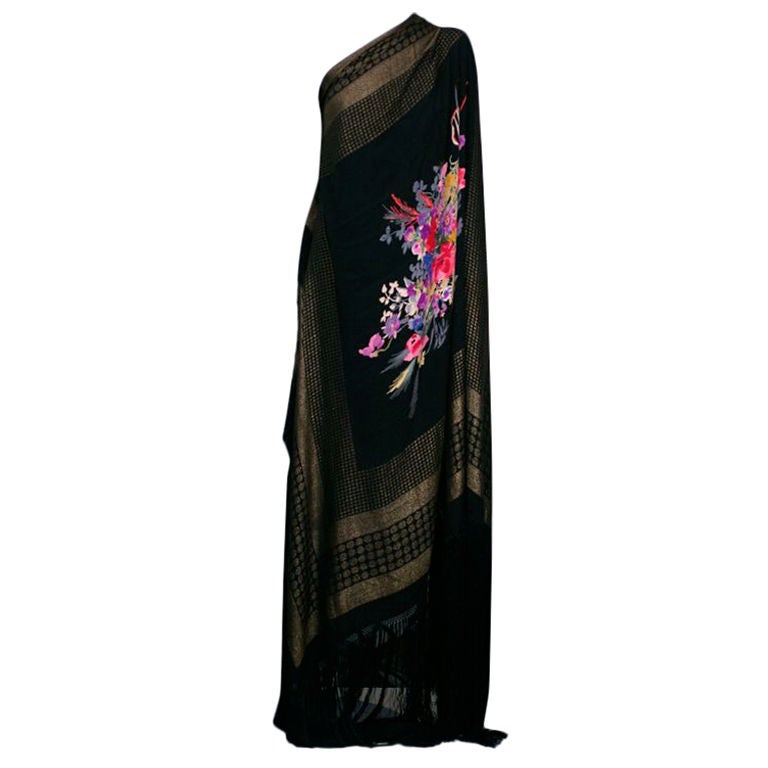 Rare Marcel Rochas 1930s Lame Shawl with Floral Center