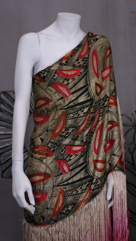 Art deco cubist lame broche ombred fringed shawl in shades of gold ,red ,lemon.  44