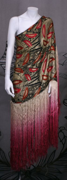 Women's Cubist Lame Broche Fringed Shawl For Sale