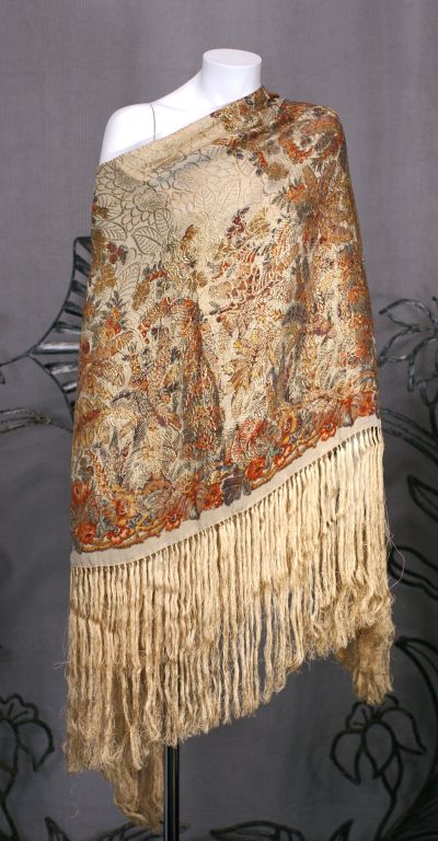 Brown Art Deco Lame Broche Fringed Shawl For Sale