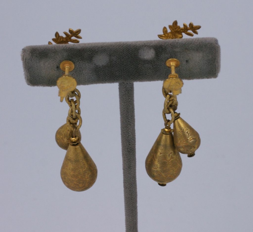 Miriam Haskell russian gilt, dangle earrings circa 1960, of gold filigree fern fronds faux pearls , and two gil metal teardrops suspended from gilt chain 2.75