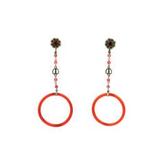 Antique Art Deco ruby red spun glass hoop earrings