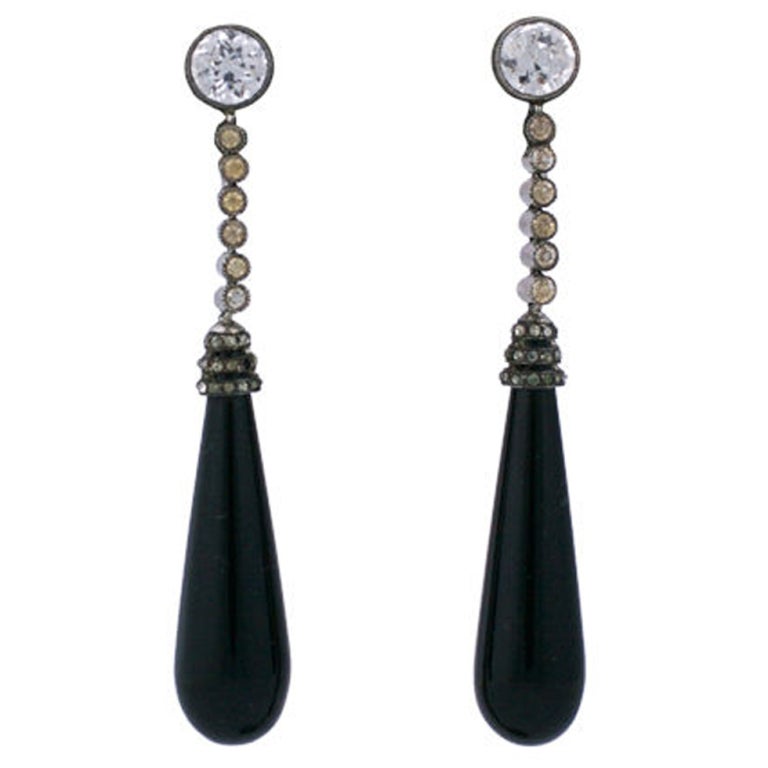 Fine French Art Deco Paste and Onyx  Earrings For Sale