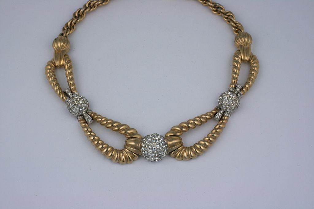 Marcel Boucher retro style gold metal rope and pave ball collar style necklace14.75