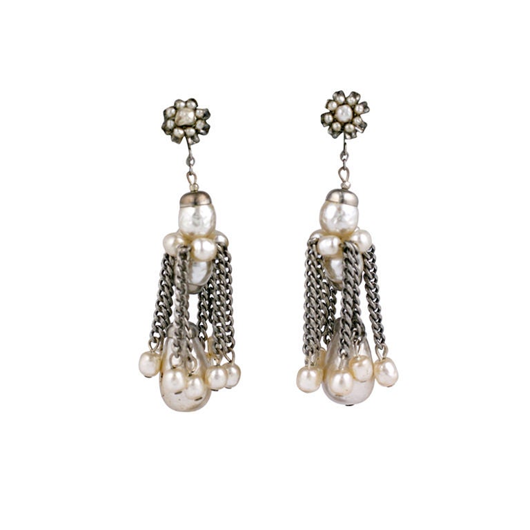 Miriam Haskell Pearl and  Silver Gilt Tassel Earrings For Sale