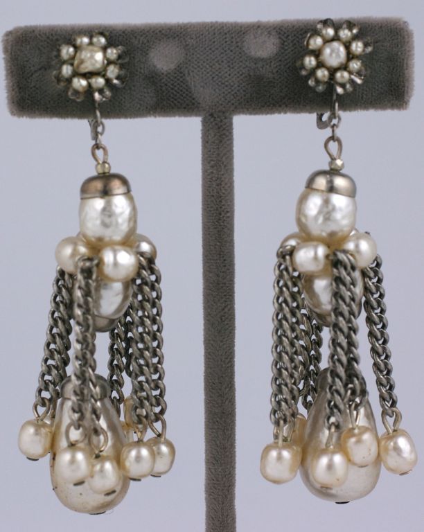 Miriam Haskell Pearl and  Silver Gilt Tassel Earrings In Excellent Condition For Sale In New York, NY