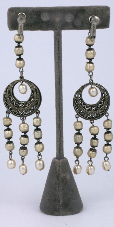 Antique silver gilt and faux pearl, mogul style long earrings, by Miriam Haskell.<br />
Excellent condition   Clip backs.<br />
4.25