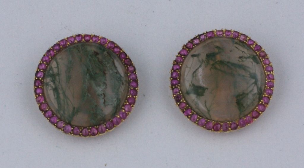 Moss Agate Ruby gold Clip Earrings In Excellent Condition In New York, NY