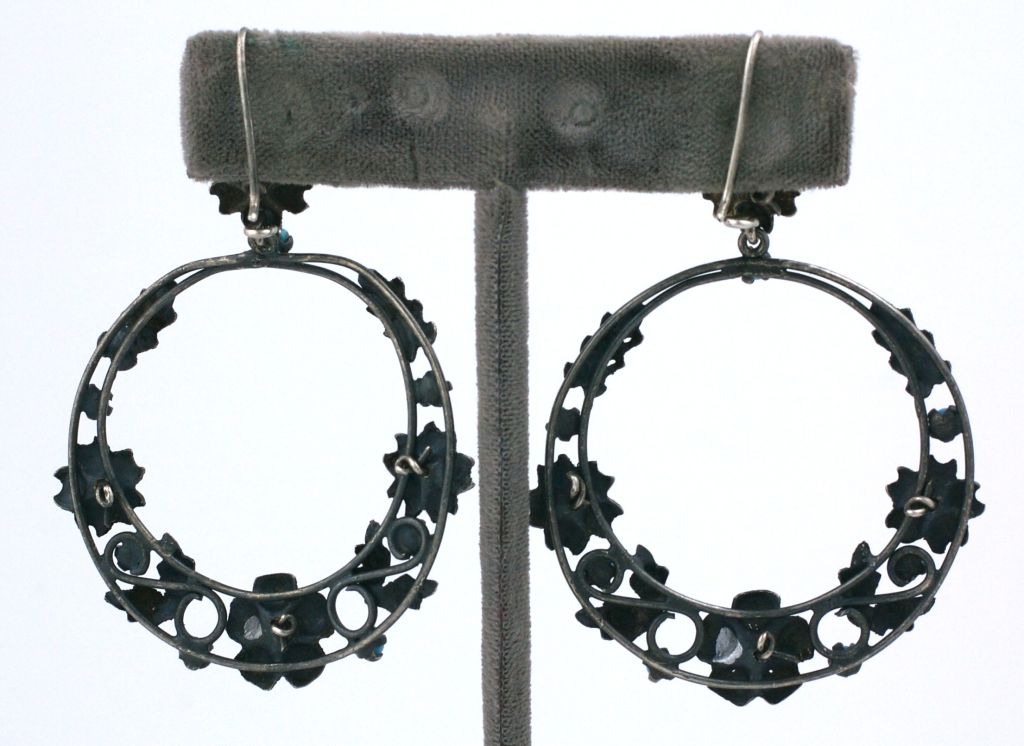 19th century silver and turquoise cabochon hoop dangle earrings, of  silver gilt flower heads and leaves.<br />
Excellent condition<br />
L 2.5