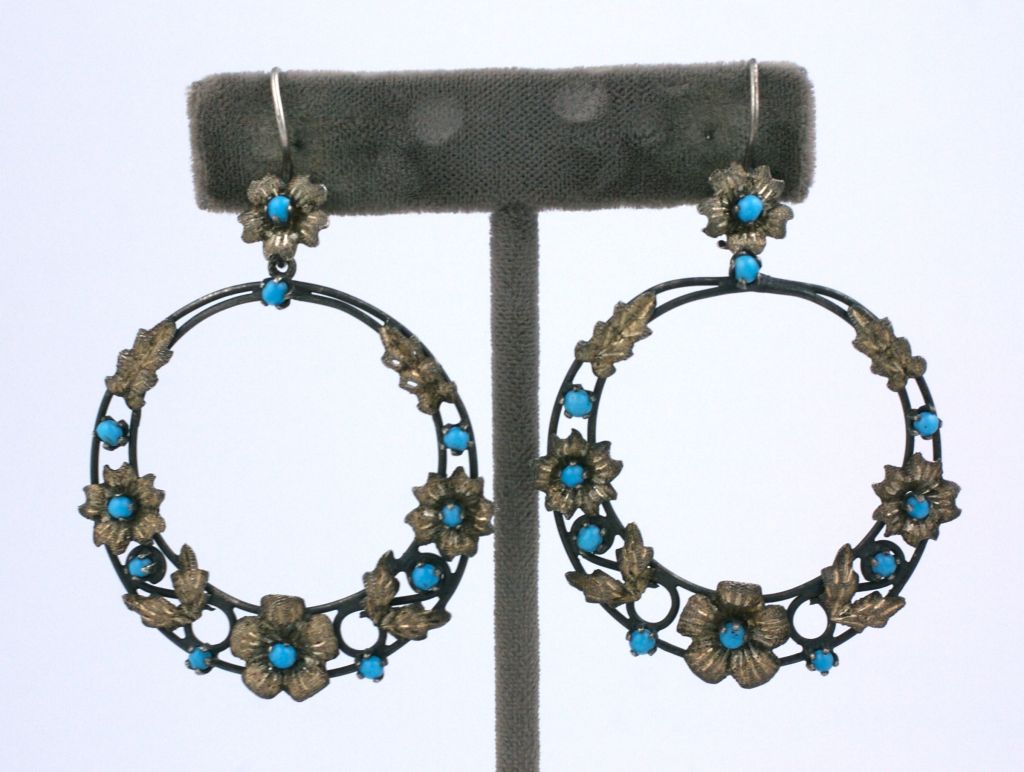 Women's Victorian Silver and Turquoise Floral Hoop Earrings