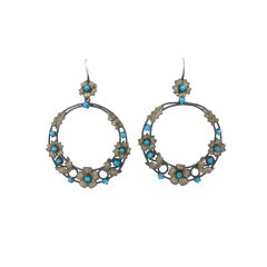Antique Victorian Silver and Turquoise Floral Hoop Earrings