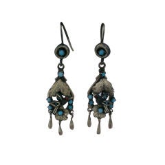 Boucles d'oreilles victoriennes en argent doré, turquoise et grenat