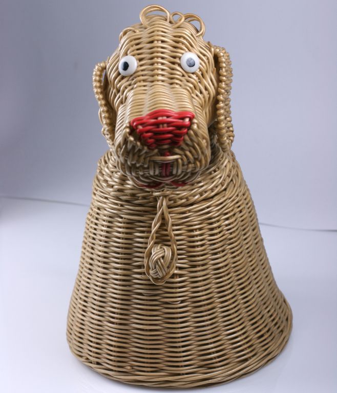 Faux Wicker 1950er Jahre Handtasche mit Hund, Kunstfell 1