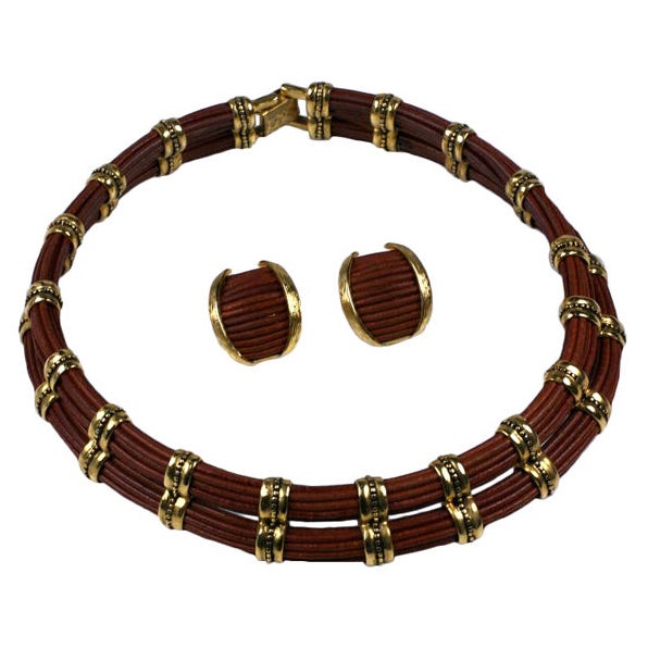 Leather Cord and Gilt Metal Collar and Earrings For Sale