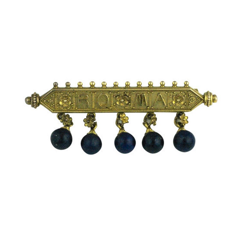 Etruscan gold with lapis ball Roma Brooch, 19th Century For Sale