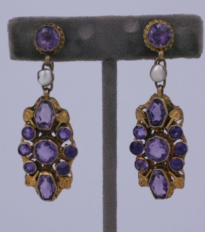 Art Nouveau Hungarian Amethyst and Pearl Earrings For Sale