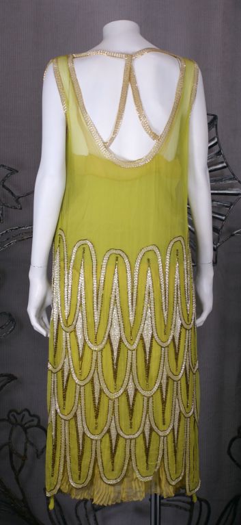 Women's Striking Chartreuse Chiffon Art Deco Flapper Dress