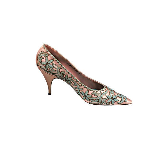 Italian Tambour Embroidered Pink Silk Pumps at 1stDibs