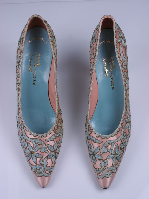 Brown Italian Tambour Embroidered Pink Silk Pumps