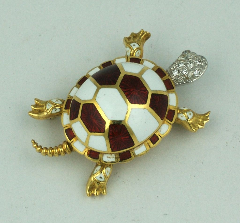 Charming dimensional enameled turtle in 18K from Italy circa 1960s. Sparkling pave diamonds accent his head.<br />
Brooch measures 1.75
