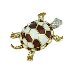 Retro 18-Karat Diamond and Enamel Turtle