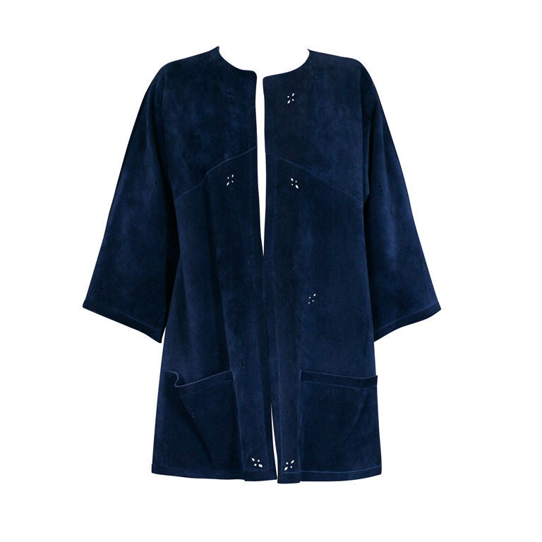 Jean Muir Navy Suede Pierced Jacket For Sale