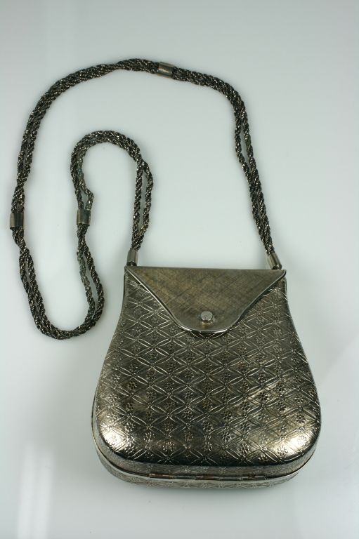 Textured Silver Metal Shoulder Bag For Sale 1