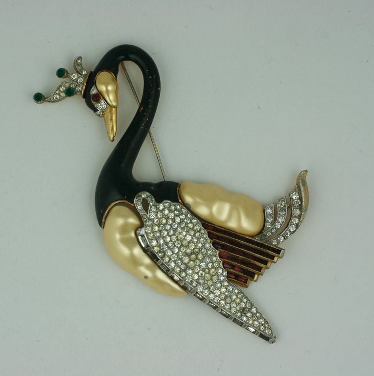 Art Deco Iconic Trifari Pearl Belly Swan Brooch 