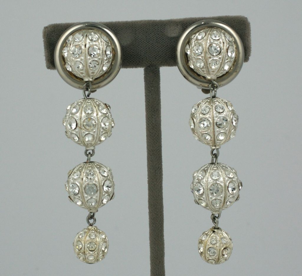 Women's French Silver Sphere Couture Runway Long Crystal Earrings For Sale
