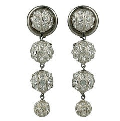Retro French Silver Sphere Couture Runway Long Crystal Earrings